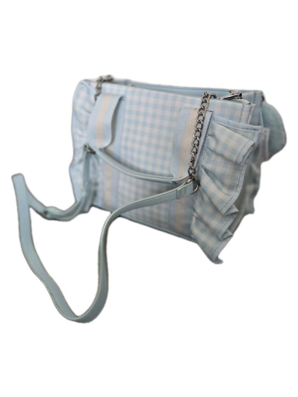 NWT! Betsey Johnson Heart LB Ruffle Baby Blue Gingham Handbag Crossbody Tote - Picture 3 of 4